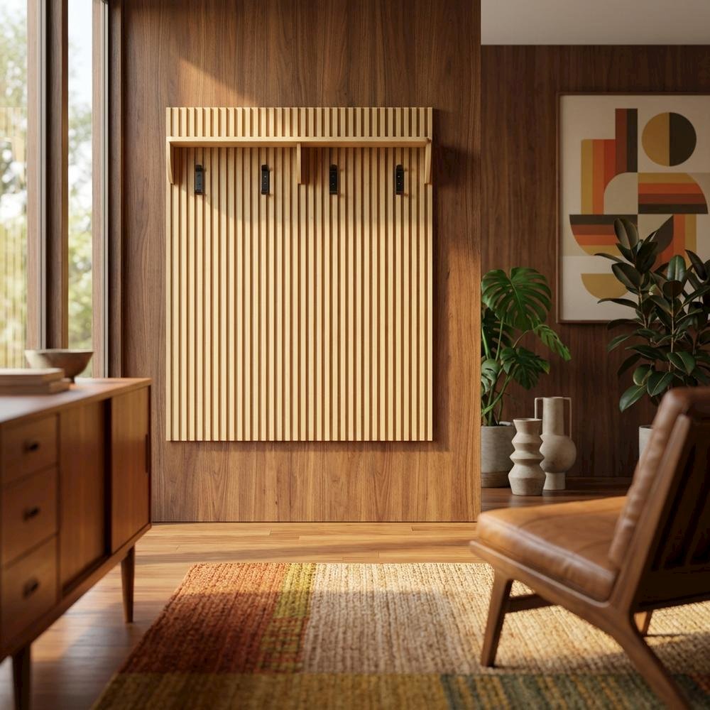 Brown Fluted Coat Rack Panel, Upper Shelf, Modern Entryway Hooks. Picture 3