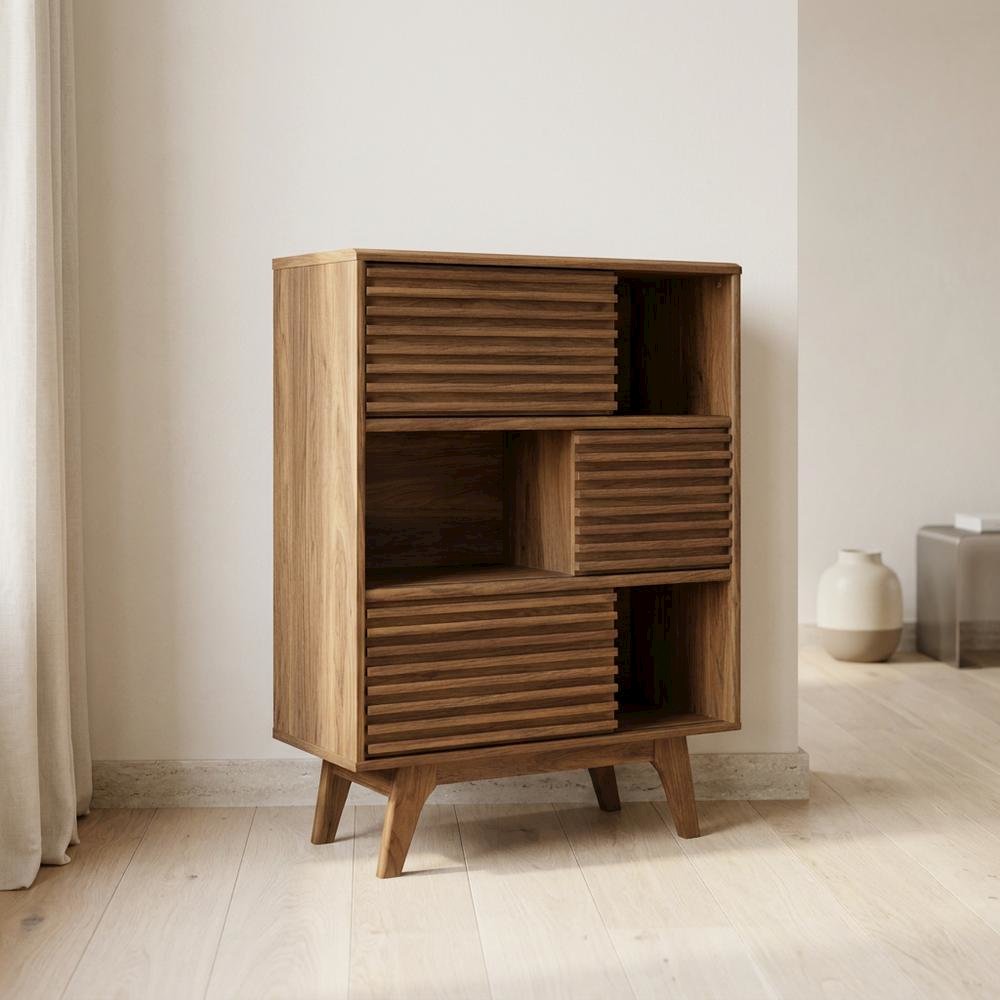 Mid-Century Modern Three-Tier Display Cabinet with Bookshelf Storage, Walnut. Picture 2