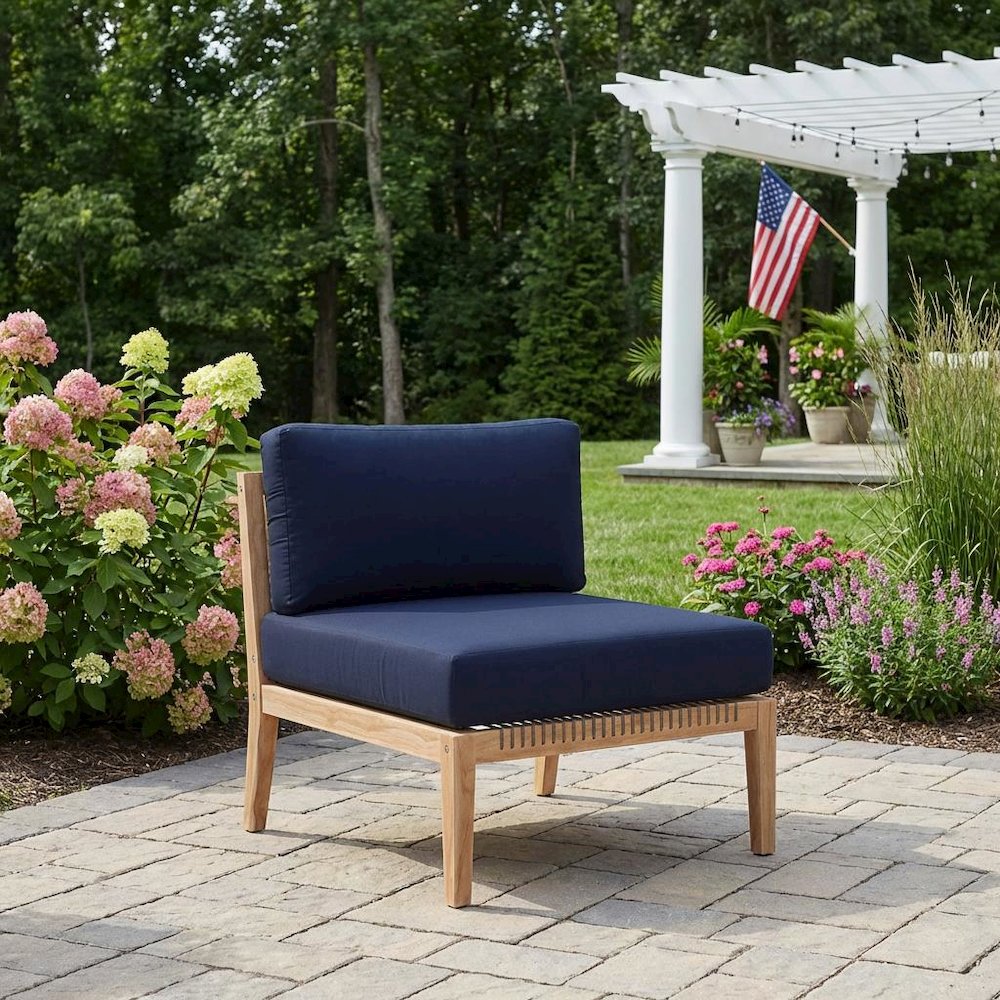Teak Wood Outdoor Lounge Chair With Cushions And Armless Design. Picture 3
