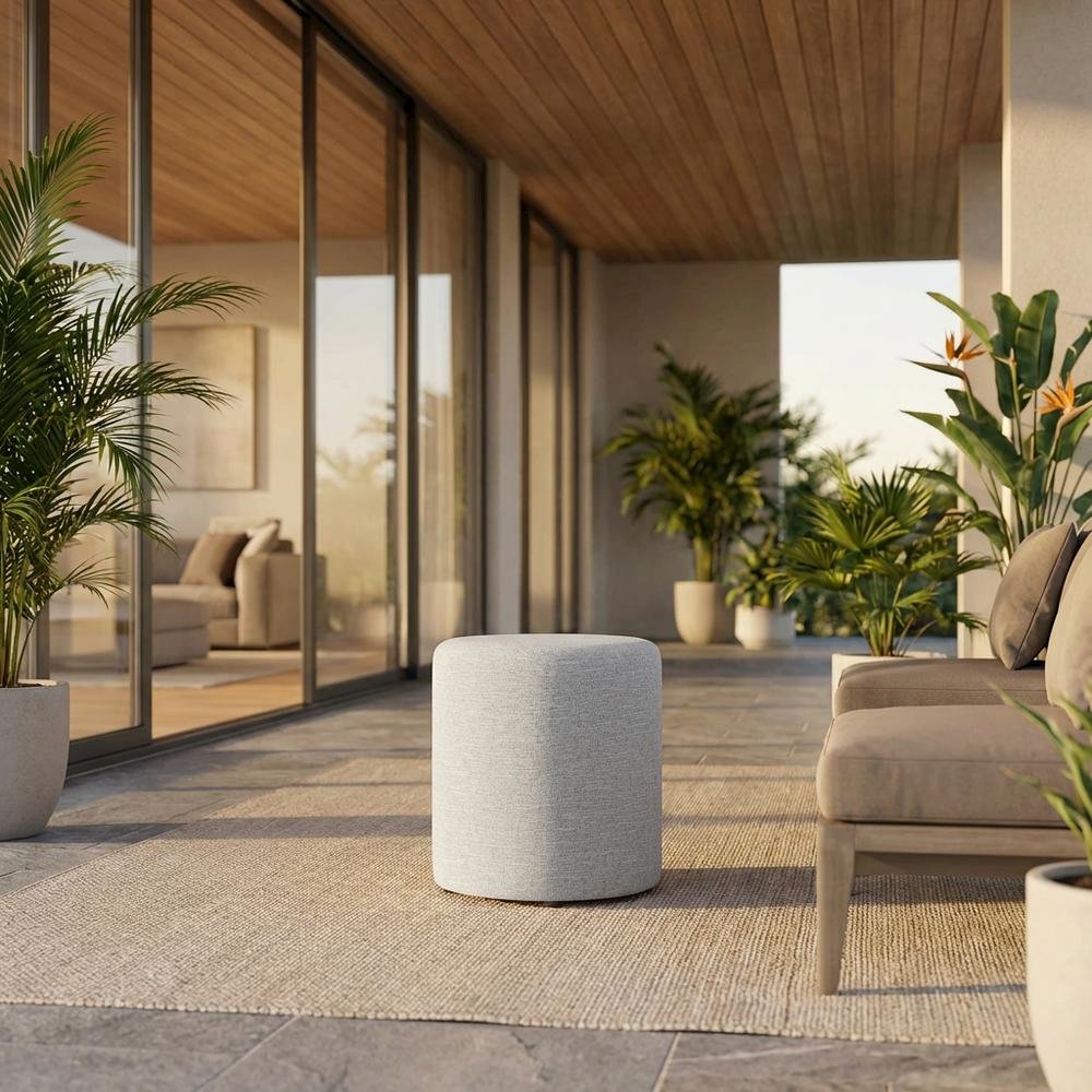 16" Round Heathered Fabric Upholstered Ottoman for Outdoor Living. Picture 2
