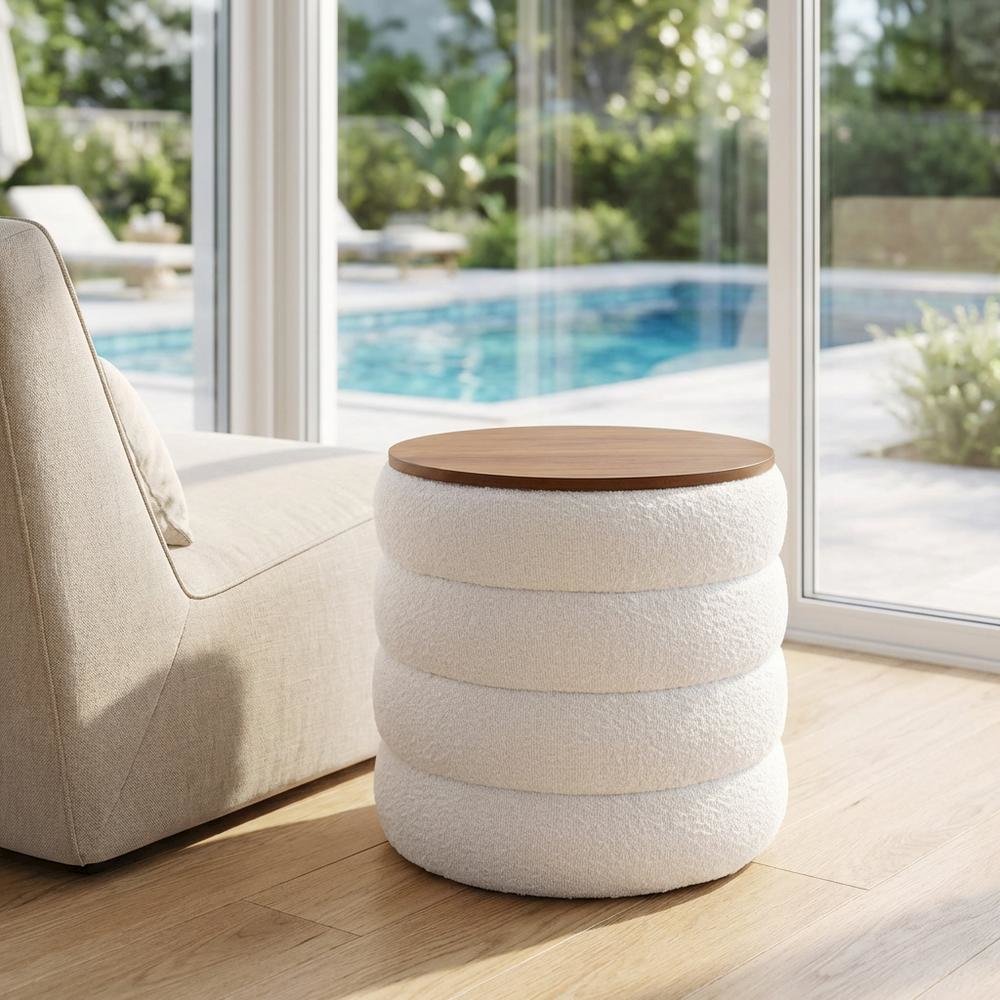 Round Boucle Fabric Outdoor Ottoman With Storage And Cushioned Top. Picture 3
