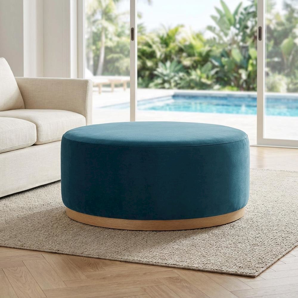 Round Velvet Outdoor Ottoman With Upholstered Top For Lounge Area. Picture 3