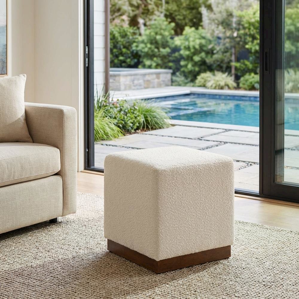 Square Boucle Upholstered Ottoman, Neutral Tone, Versatile Seating, Footrest. Picture 3