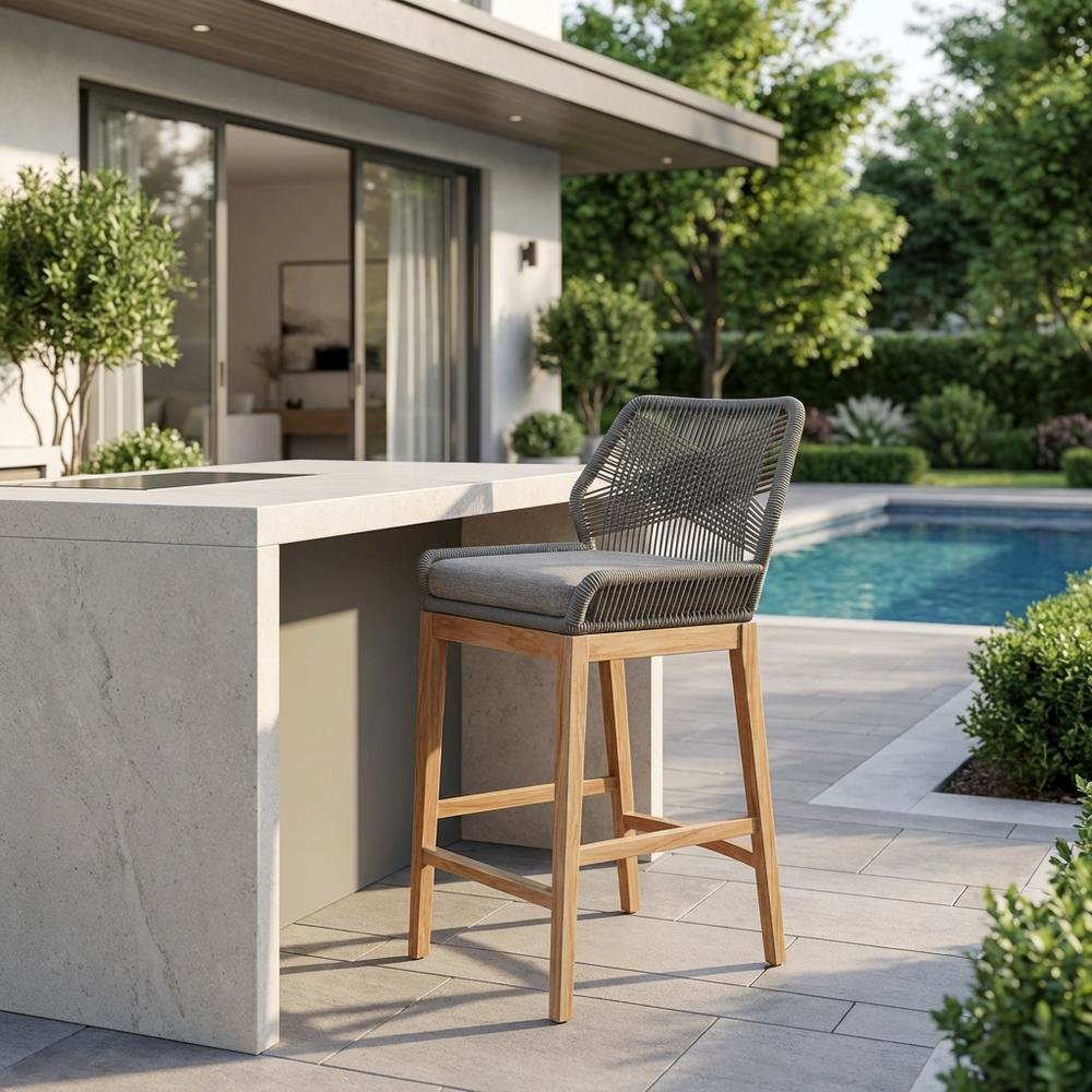 Teak Wood Outdoor Bar Stool With Footrest For Patio Dining. Picture 3