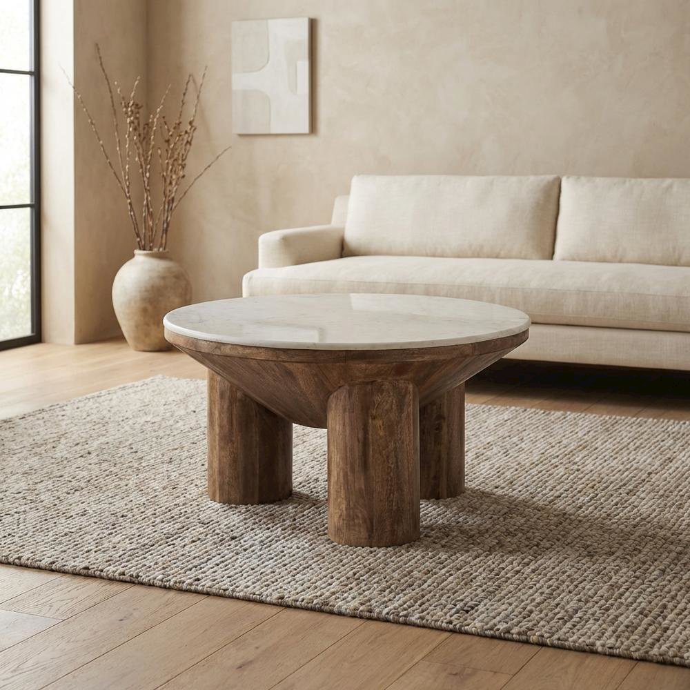 Wood Coffee Table with Marble Top, 33-Inch Round, Modern Design. Picture 3
