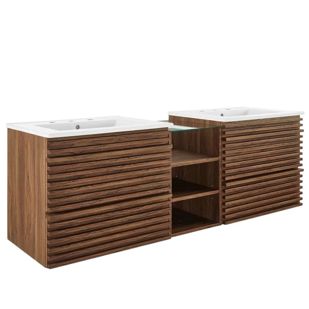 Walnut White 62-Inch Wall-Mount Double Sink Bathroom Vanity. Picture 1