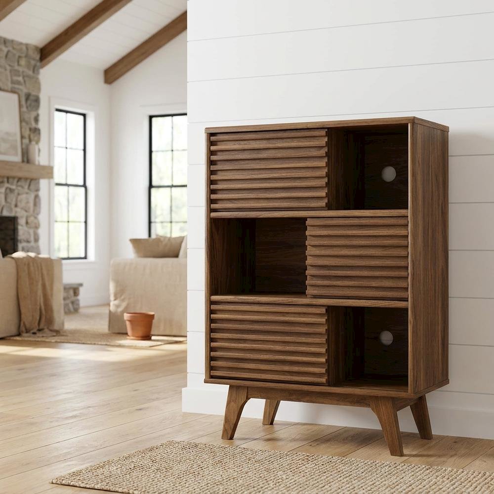 Mid-Century Modern Three-Tier Display Cabinet with Bookshelf Storage, Walnut. Picture 3