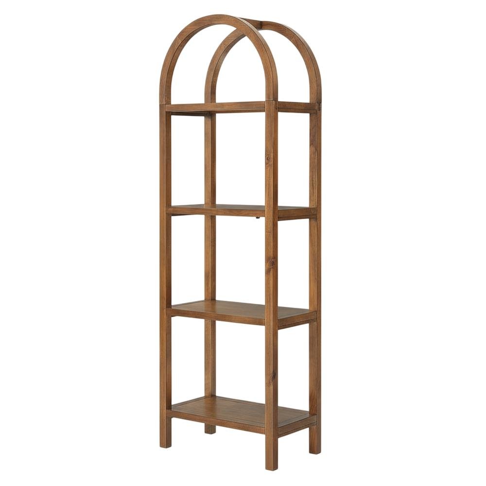 Tall brown arched bookshelf with engineered wood frame for stylish storage. Picture 1