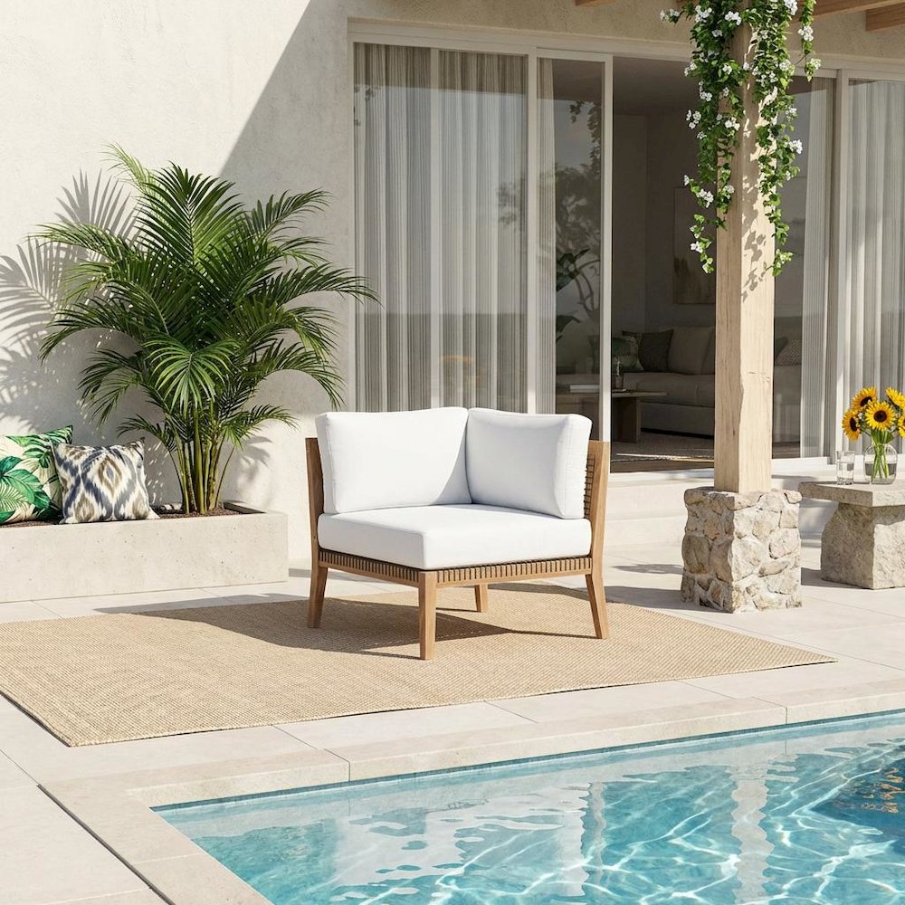 Outdoor Patio Teak Wood Corner Lounge Chair With Cushioned Seat. Picture 2
