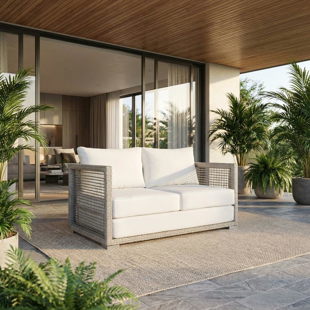Outdoor Wicker Rattan Loveseat With Cushions And Armrests. Picture 2