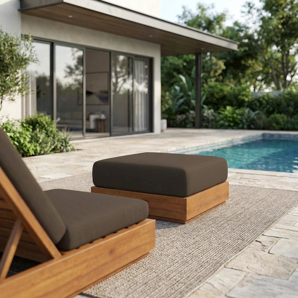 Outdoor Patio Acacia Wood Ottoman With Sturdy Frame And Versatile Design. Picture 3