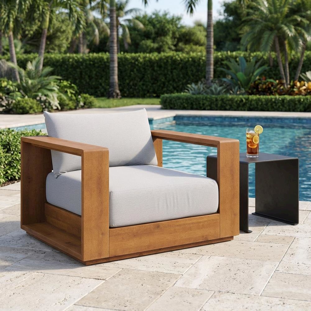 Outdoor Patio Acacia Wood Chair With Armrests And Comfortable Backrest. Picture 3