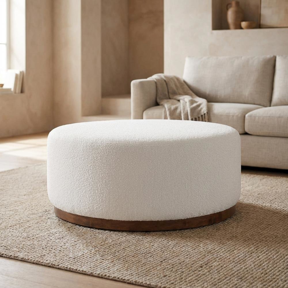 Round boucle upholstered outdoor ottoman with cushioned top, modern design. Picture 3