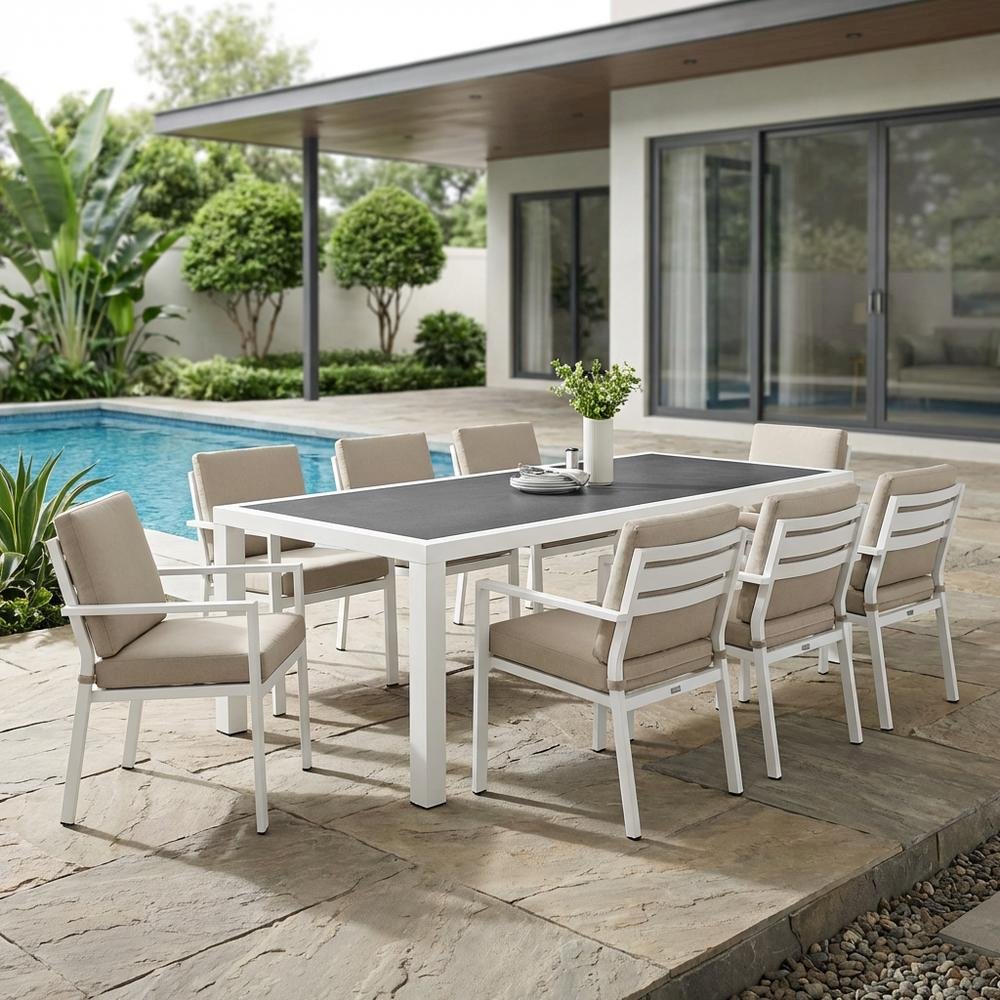 Square outdoor dining table with aluminum construction, weather-resistant design. Picture 3