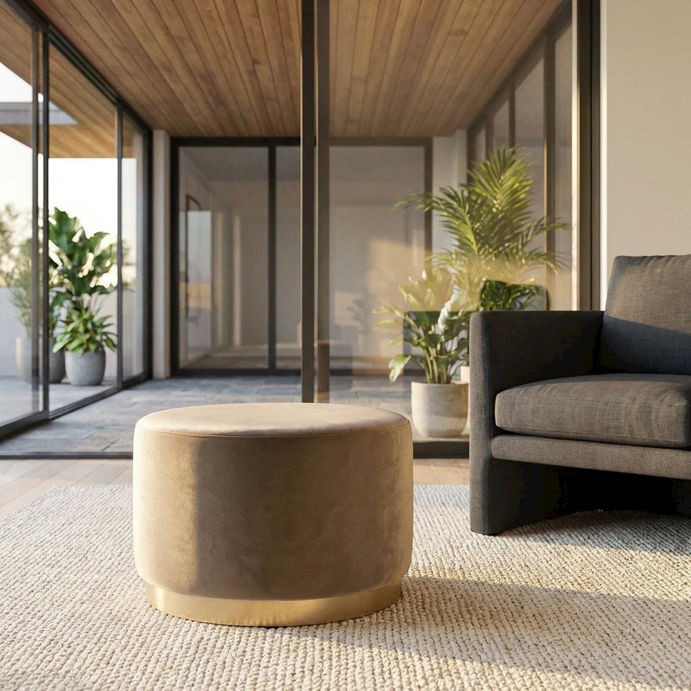 Performance Velvet Outdoor Ottoman In Neutral Color, Plush Upholstery, Sturdy. Picture 2