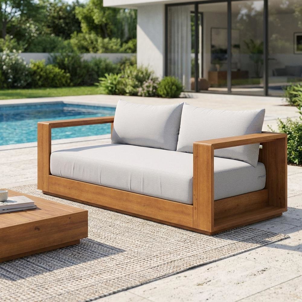 Acacia Wood Outdoor Loveseat With Armrests And Sturdy Frame. Picture 3