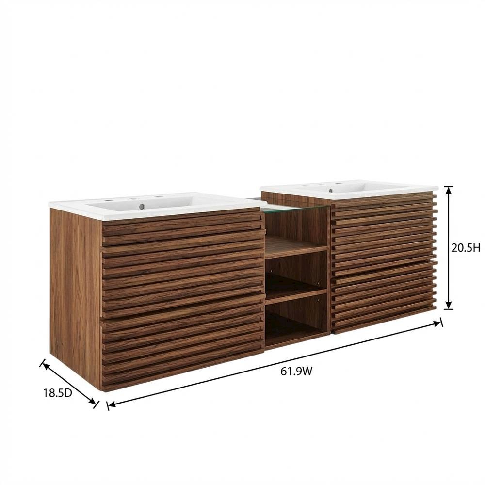 Walnut White 62-Inch Wall-Mount Double Sink Bathroom Vanity. Picture 7