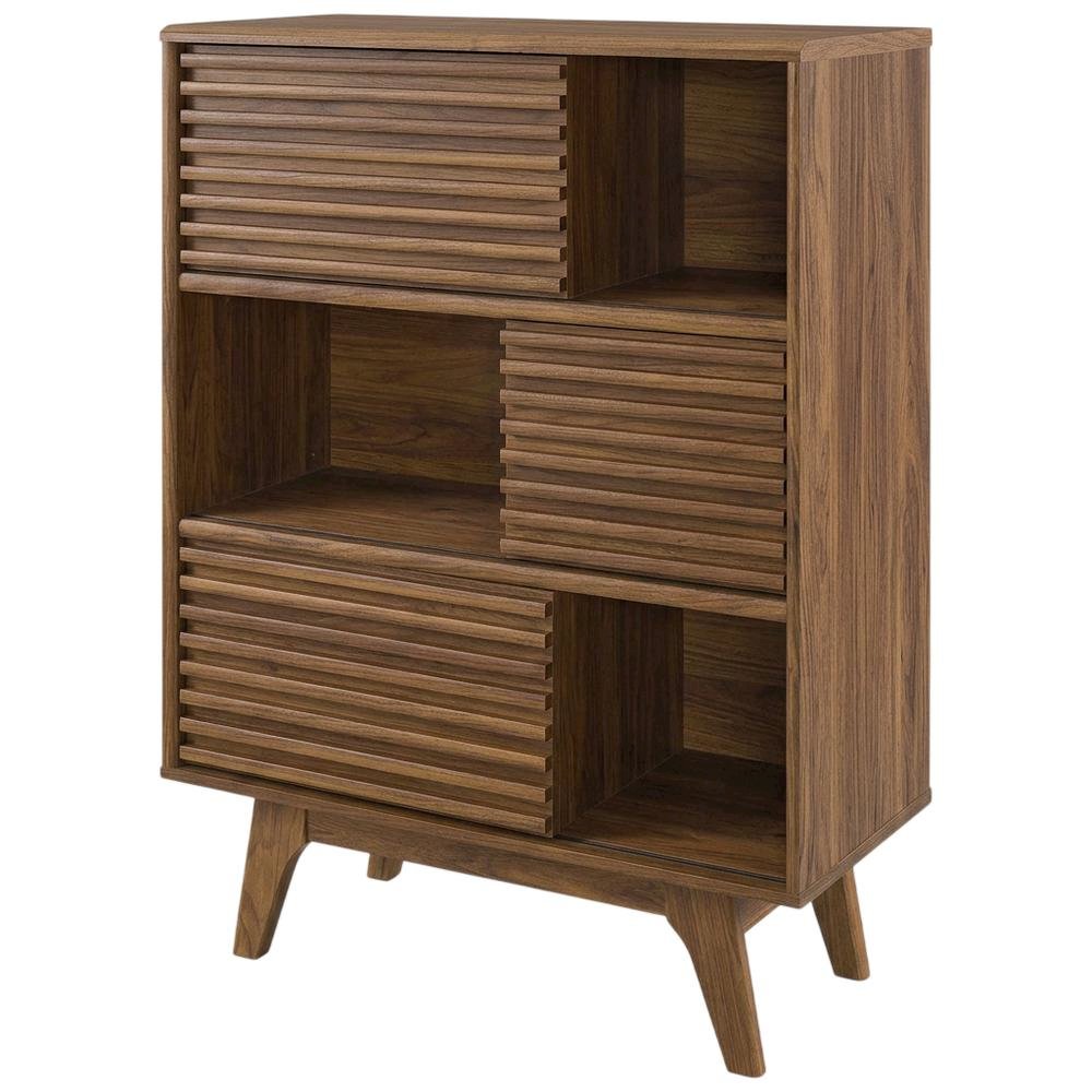 Mid-Century Modern Three-Tier Display Cabinet with Bookshelf Storage, Walnut. Picture 4