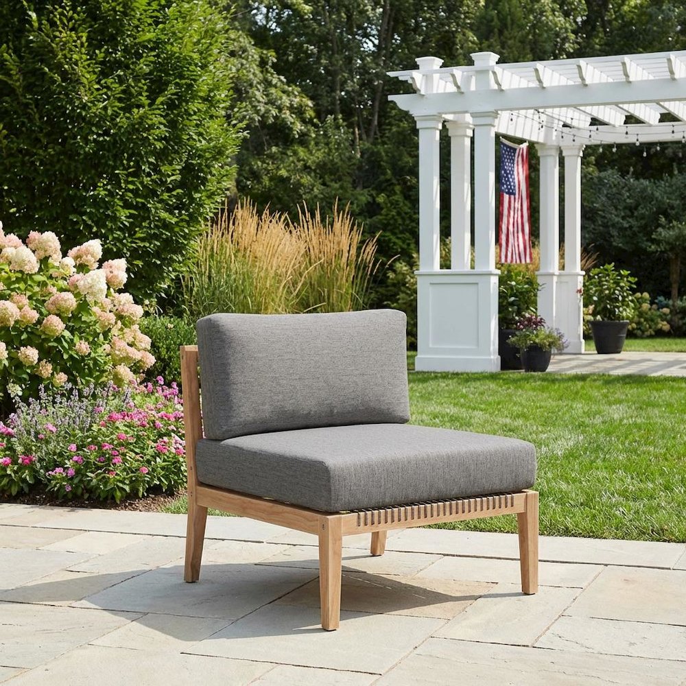 Teak Wood Outdoor Lounge Chair With Armless Design And Comfortable Cushions. Picture 3