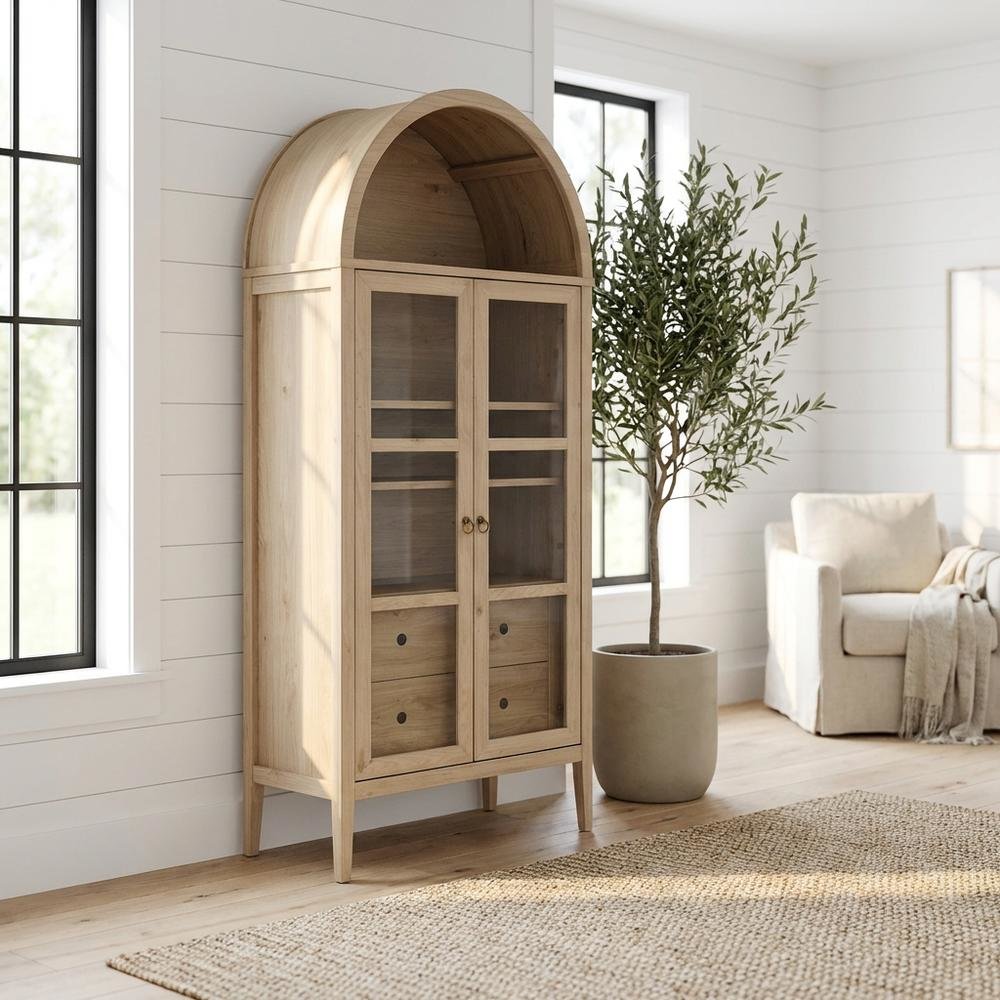 Tall Arched Storage Cabinet In Rustic Finish With Versatile Display And Storage. Picture 2