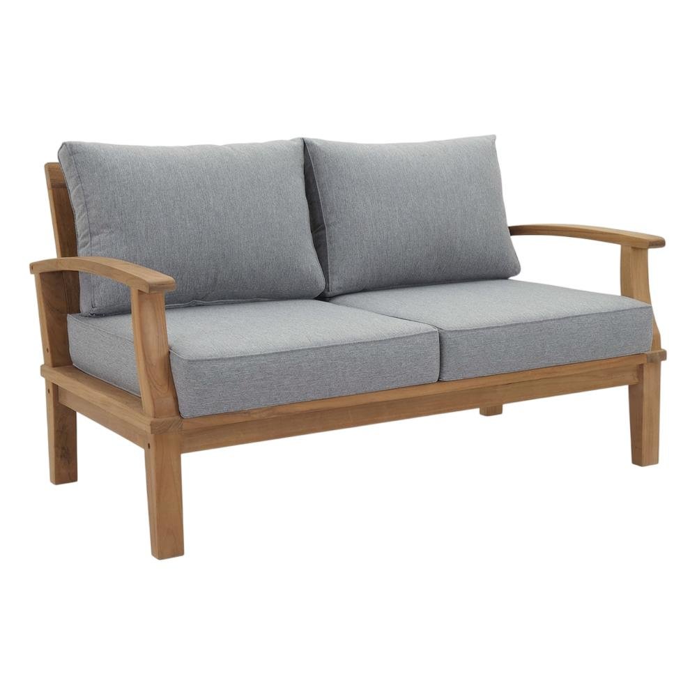 Outdoor Teak Patio Loveseat With Cushioned Seats And Armrests. Picture 1