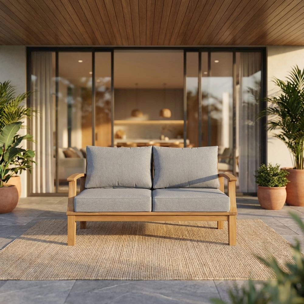 Outdoor Teak Patio Loveseat With Cushioned Seats And Armrests. Picture 2