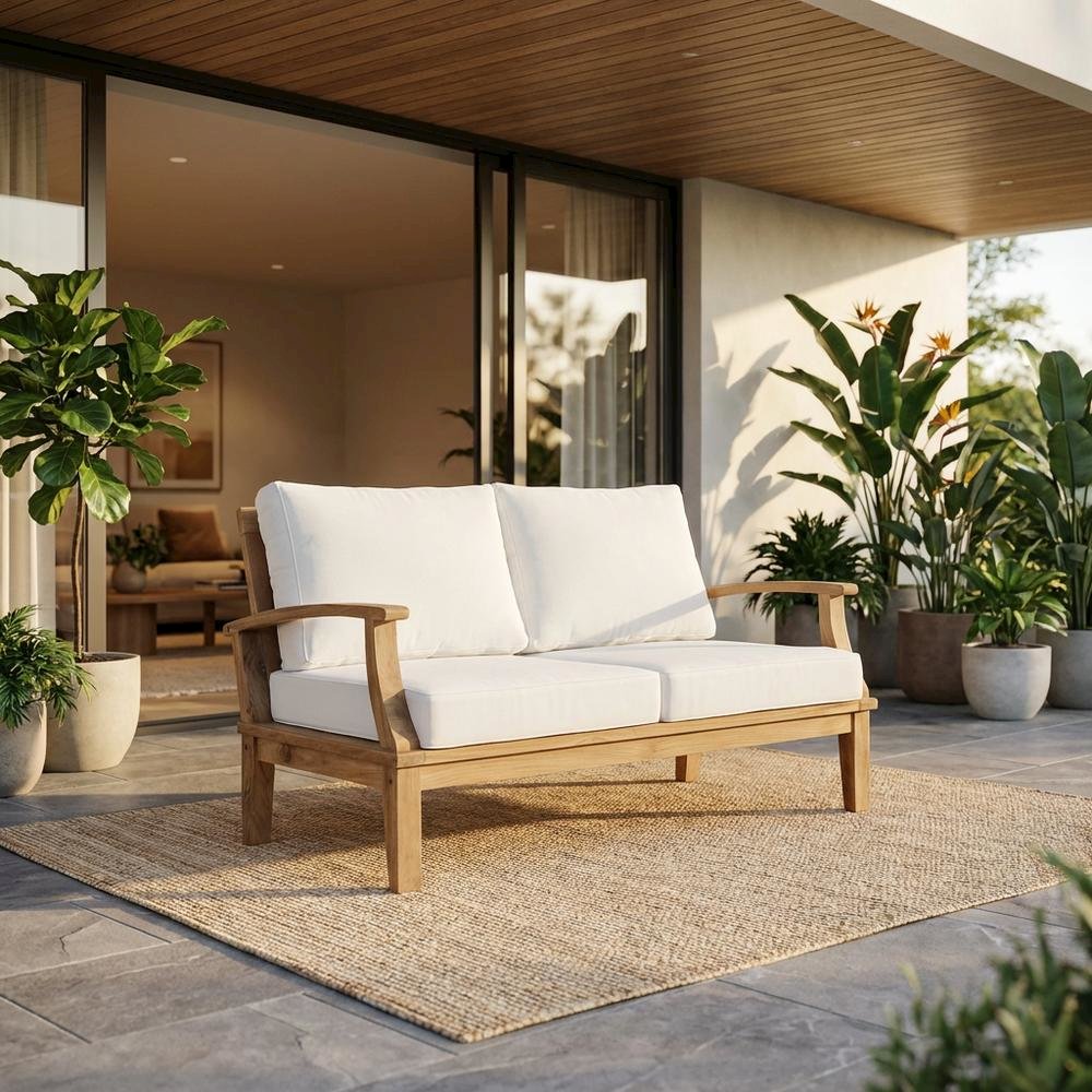 Outdoor Patio Teak Loveseat With Cushioned Seating For Outdoor Relaxation. Picture 2