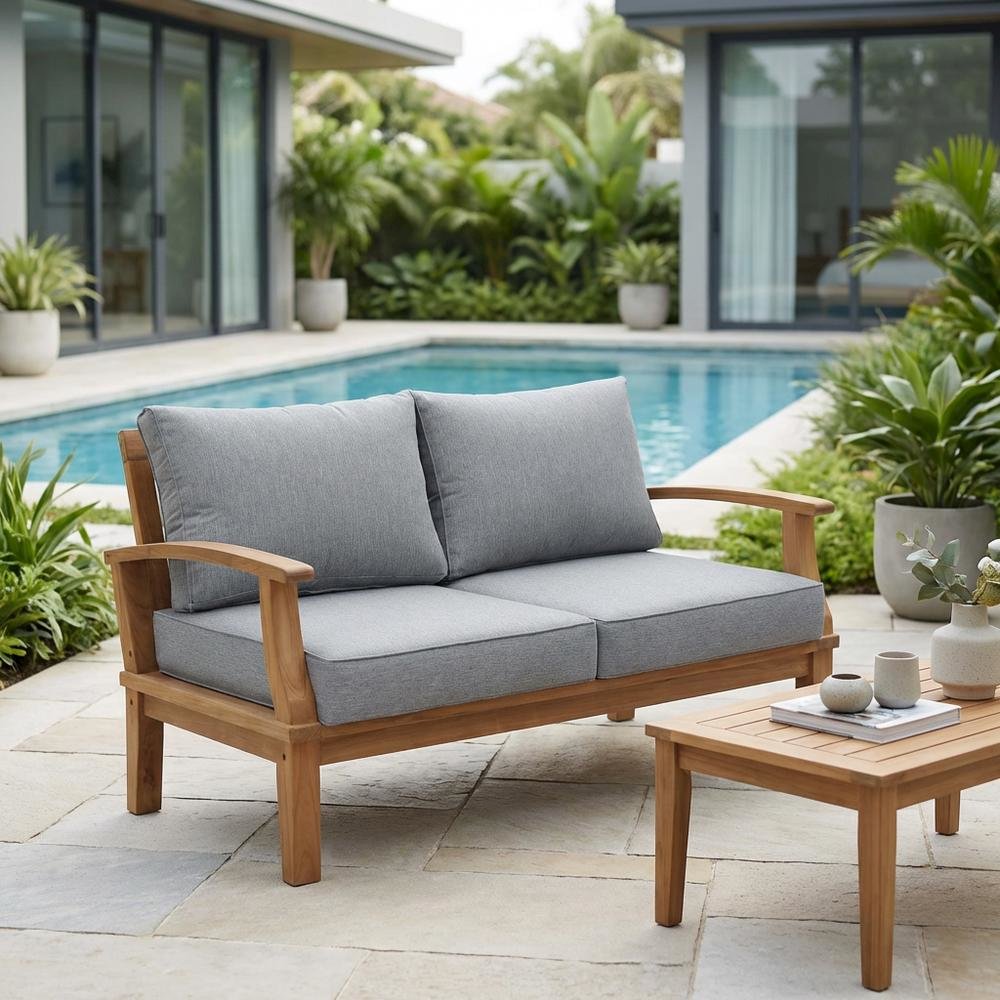 Outdoor Teak Patio Loveseat With Cushioned Seats And Armrests. Picture 3