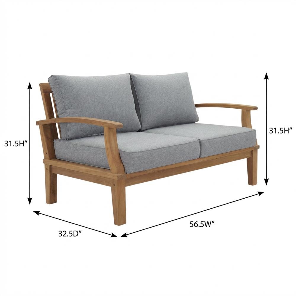 Outdoor Teak Patio Loveseat With Cushioned Seats And Armrests. Picture 7