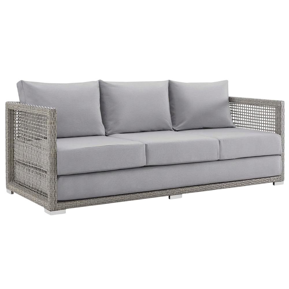 Outdoor Patio Wicker Rattan Sofa With Armrest And Seat Cushions. Picture 1