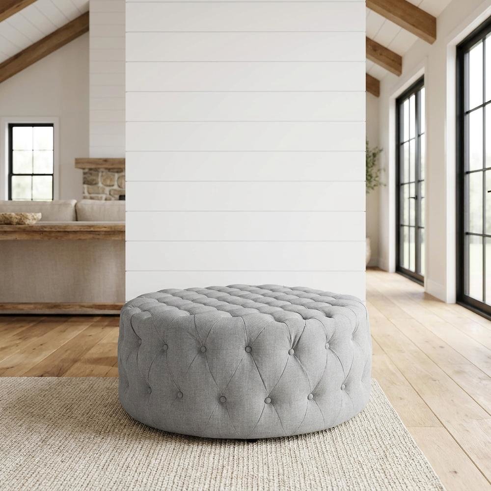Light Gray Fabric Ottoman, Neutral Soft Upholstered Seat for Room. Picture 2