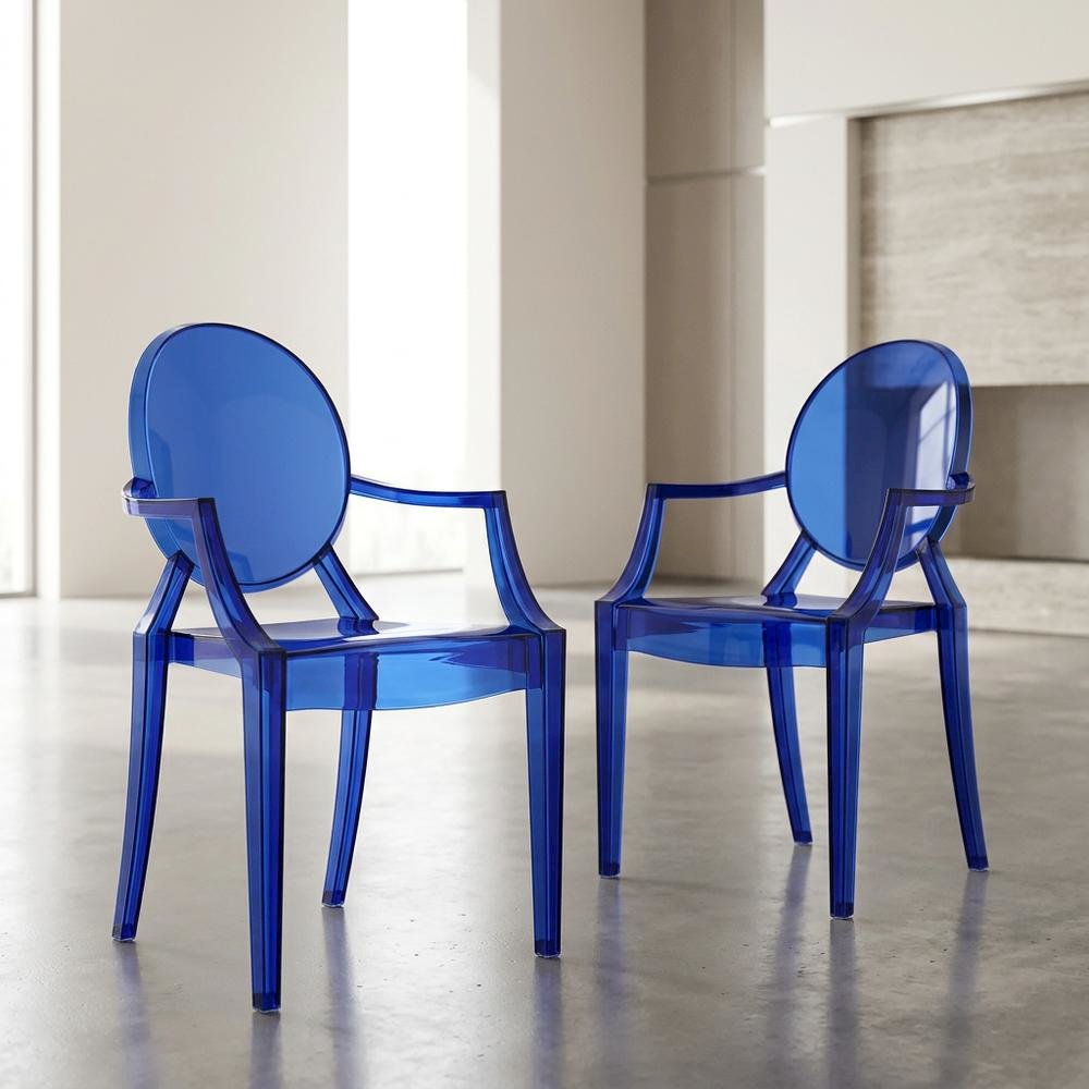 Acrylic High-Back Dining Armchairs with Arms, Blue, Set of 2. Picture 3