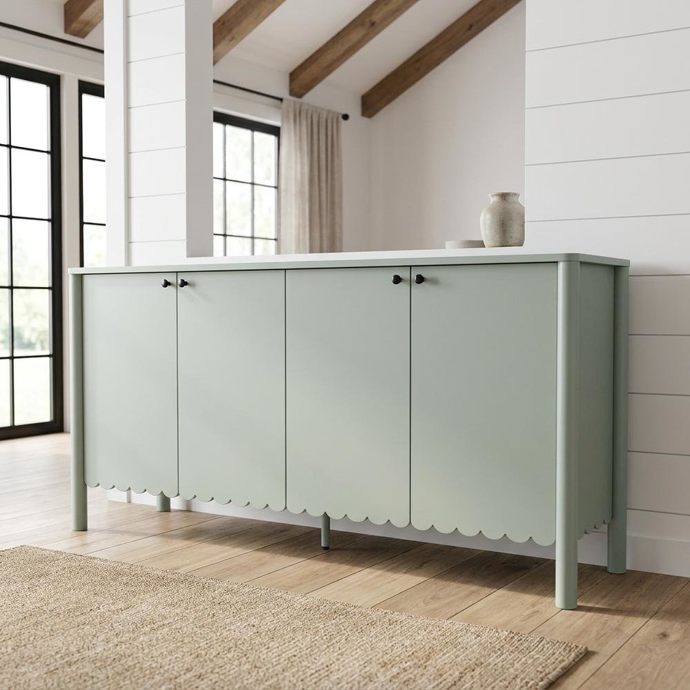 Wooden Scalloped 4-Door Sideboard Buffet Cabinet with Storage, Sage. Picture 2