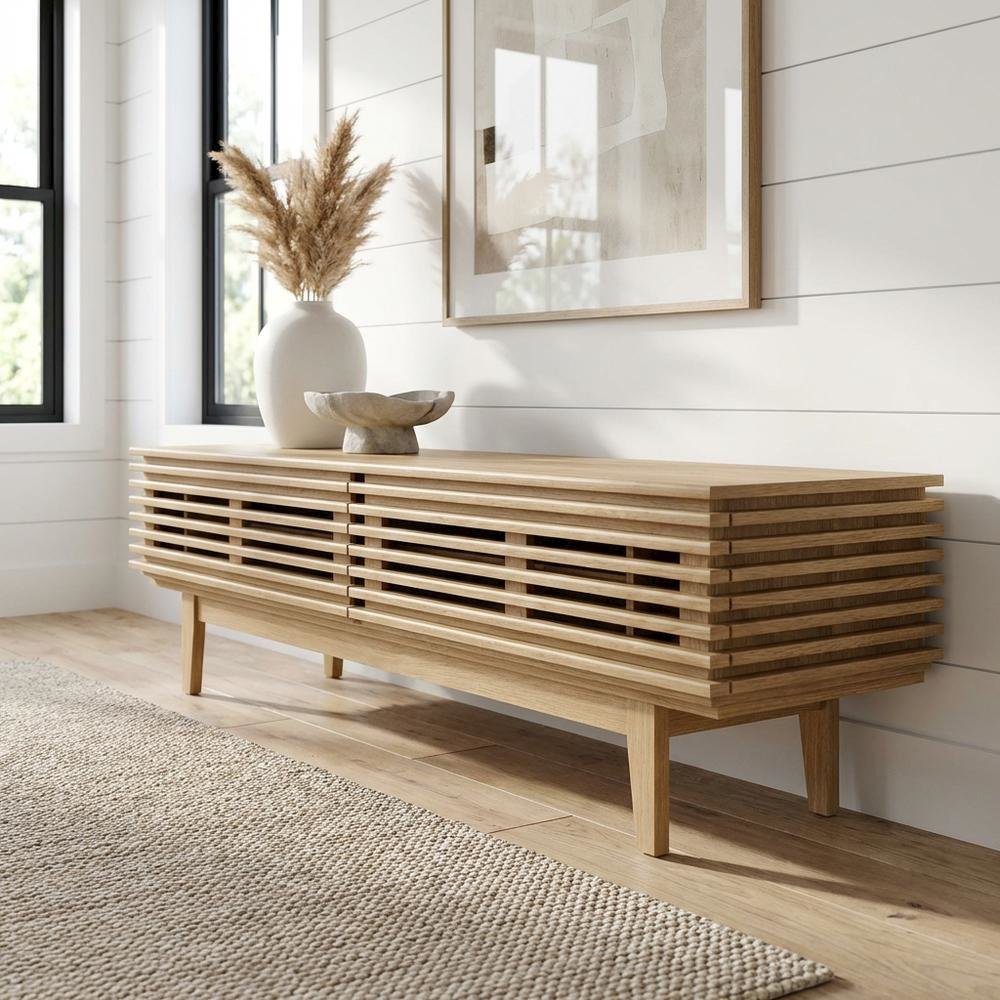Brown wood TV stand with sleek design and sturdy construction. Picture 2