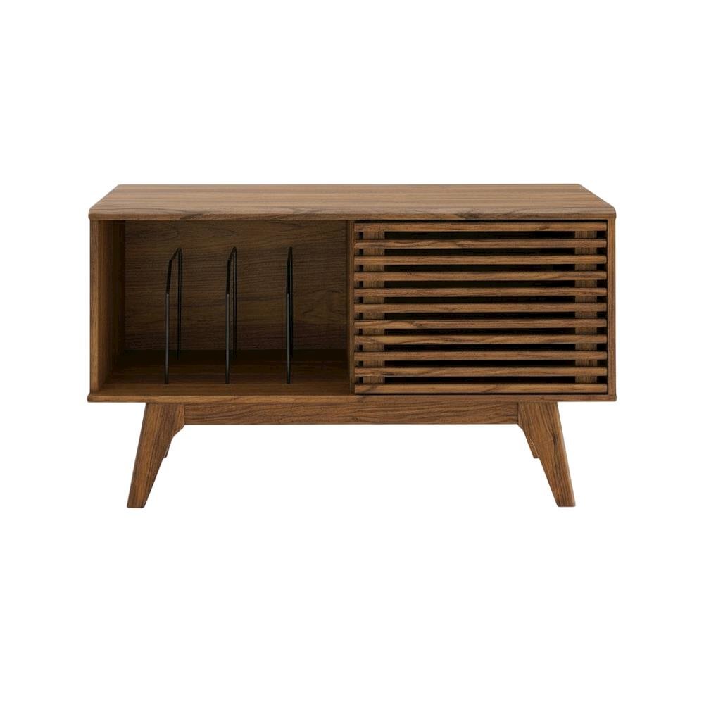 Wood vinyl record display stand in warm brown finish with spacious shelf. Picture 4
