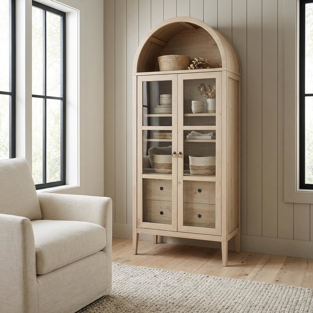 Tall Arched Storage Cabinet In Rustic Finish With Versatile Display And Storage. Picture 3
