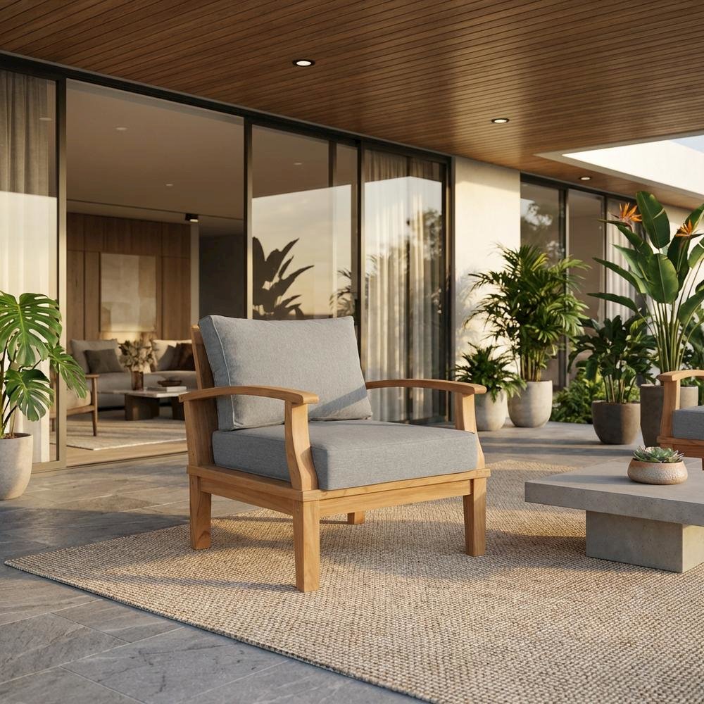 Outdoor Teak Armchair For Patio Lounge With Cushioned Seating. Picture 2
