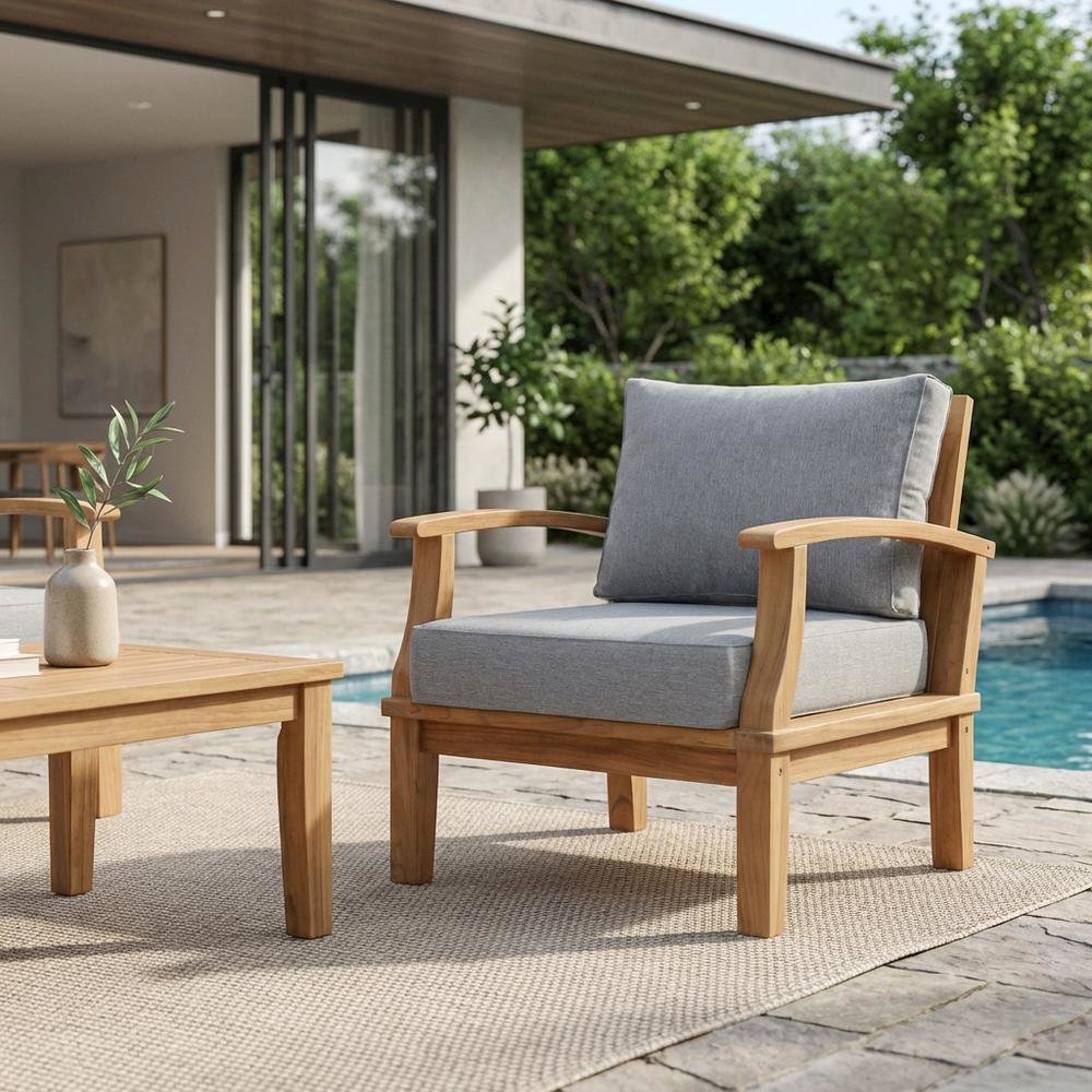 Outdoor Teak Armchair For Patio Lounge With Cushioned Seating. Picture 3