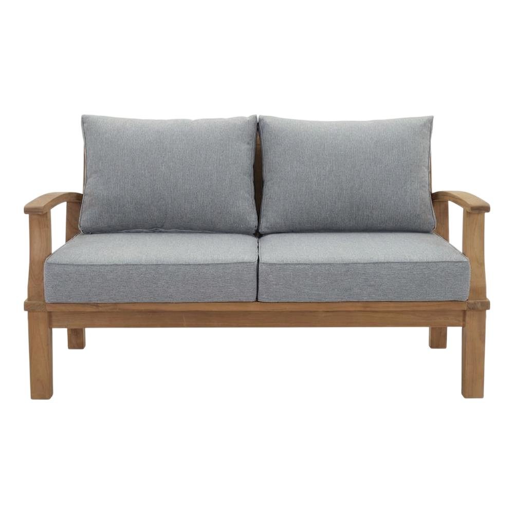 Outdoor Teak Patio Loveseat With Cushioned Seats And Armrests. Picture 4