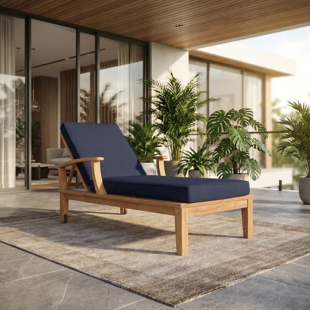 Outdoor Teak Patio Lounge Chair With Armrests And Cushions. Picture 2
