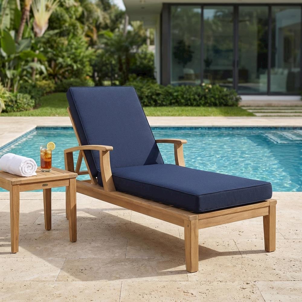 Outdoor Teak Patio Lounge Chair With Armrests And Cushions. Picture 3