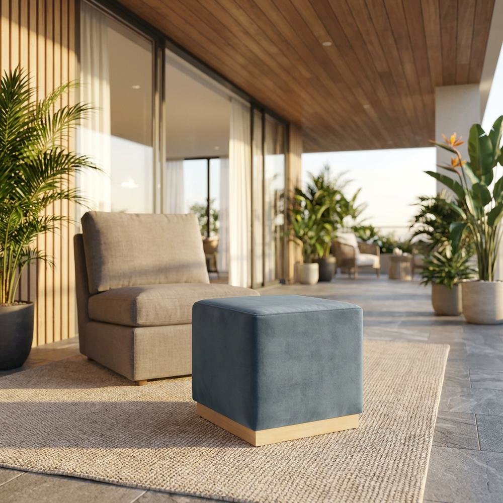 Square Upholstered Ottoman In Performance Velvet With Modern Design. Picture 2