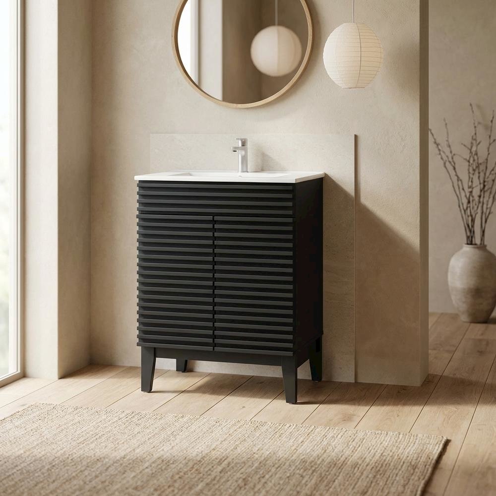 Black White 24-Inch Floor-Mount Bathroom Vanity with Ceramic Sink. Picture 2