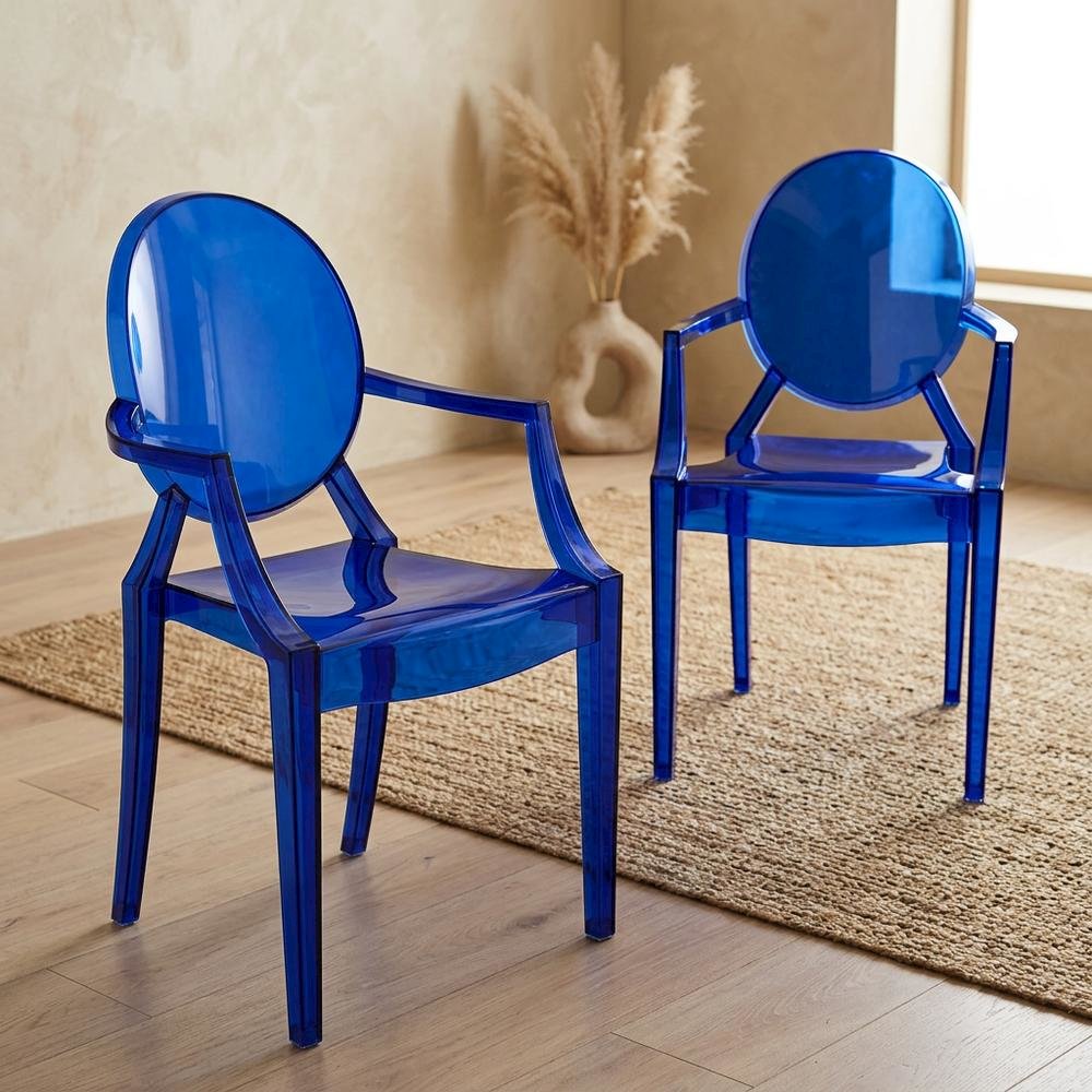 Acrylic High-Back Dining Armchairs with Arms, Blue, Set of 2. Picture 2