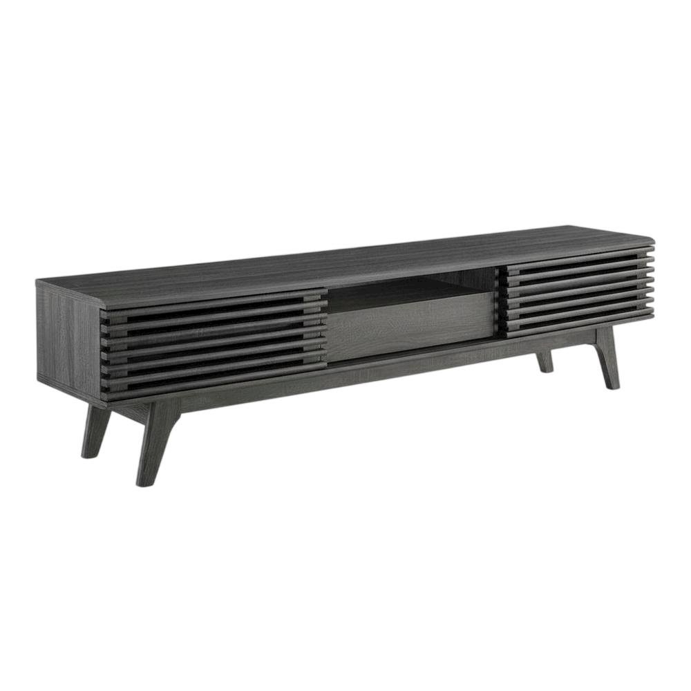 Gray wood TV stand with sleek design and spacious storage. Picture 1