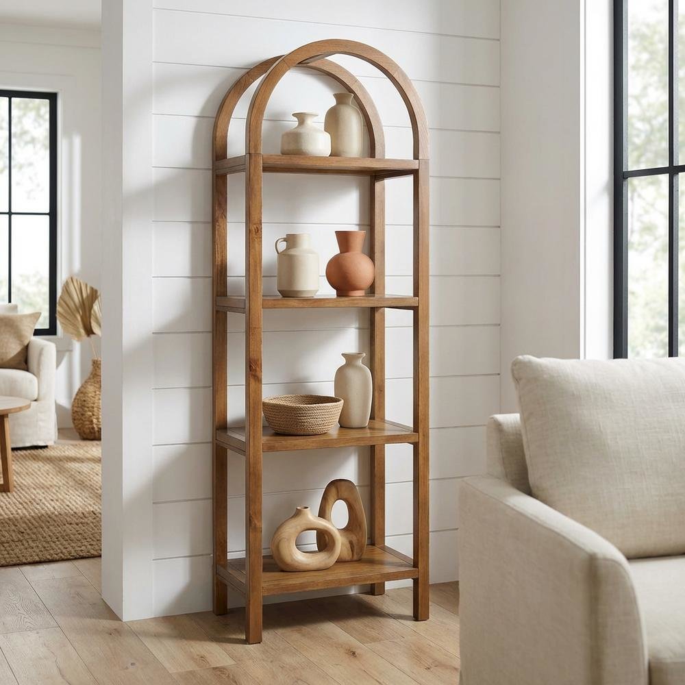Tall brown arched bookshelf with engineered wood frame for stylish storage. Picture 2