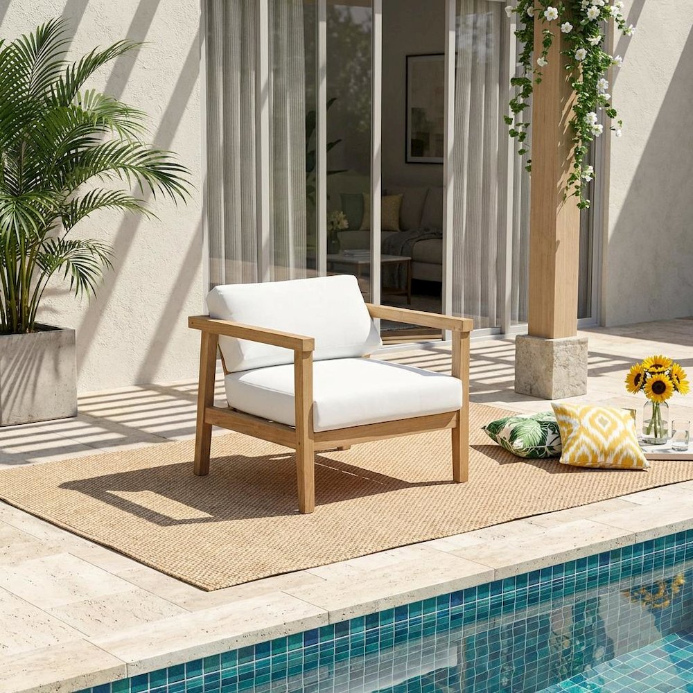 Outdoor Patio Teak Armchair With Cushioned Seating And Comfortable Back Support. Picture 2