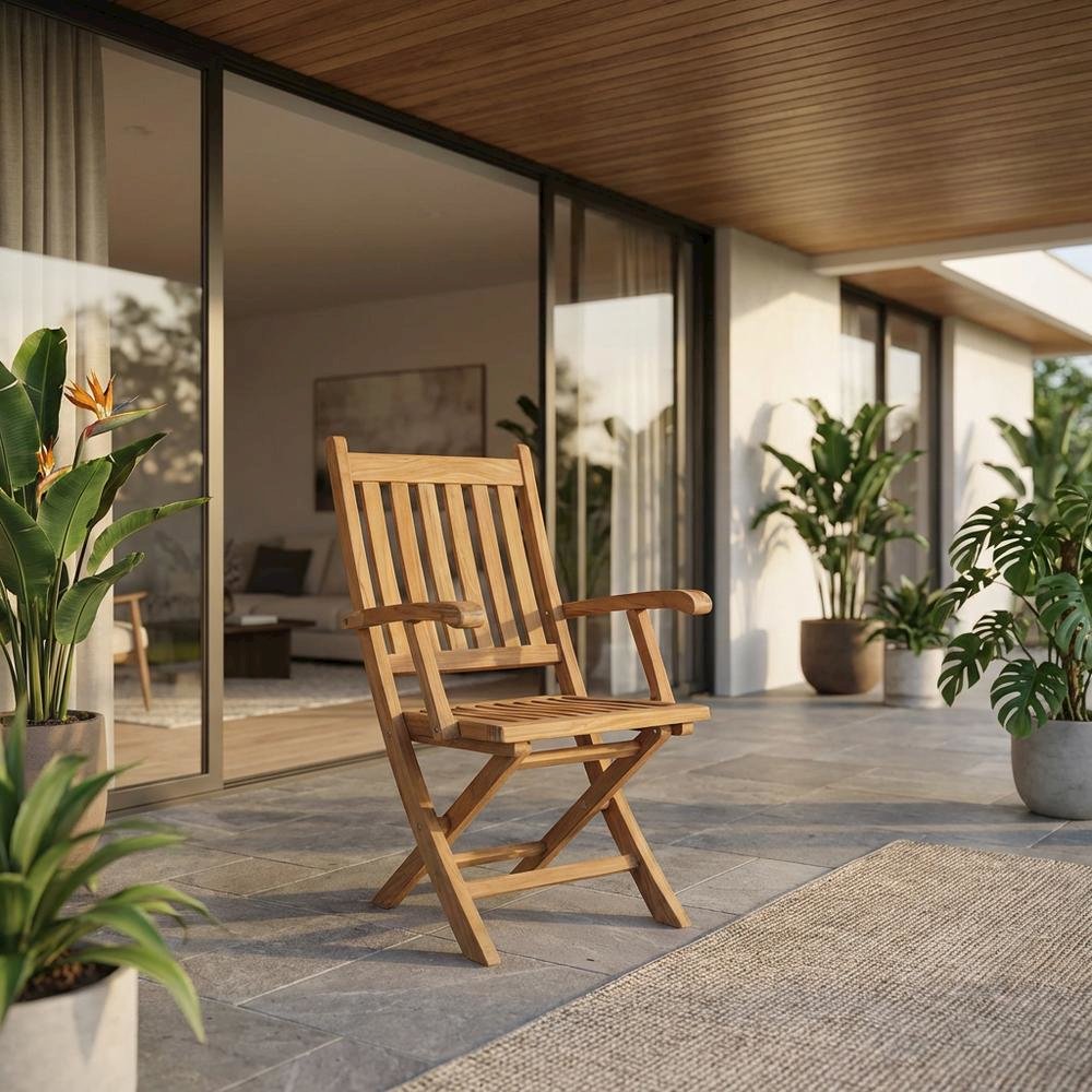 Elegant Teak Outdoor Folding Chair for Patio Dining with Armrests. Picture 2