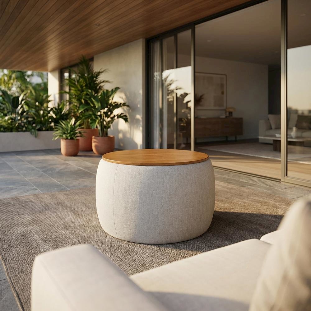 Woven Heathered Fabric Upholstered Storage Ottoman, Neutral Tone for Living Room. Picture 2
