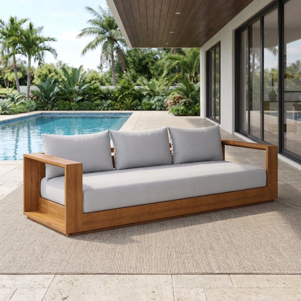 Outdoor Patio Acacia Wood Sofa with Armrests and Comfortable Backrest. Picture 3